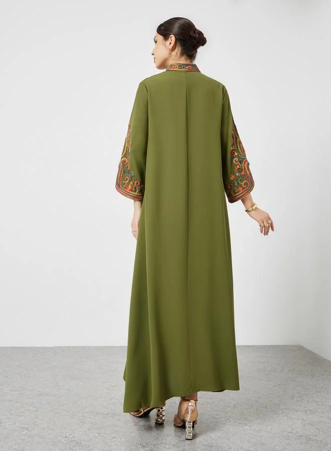 Amirah  Olive Embroidered Slit Sleeve Jalabiya for Women | Best Price UAE